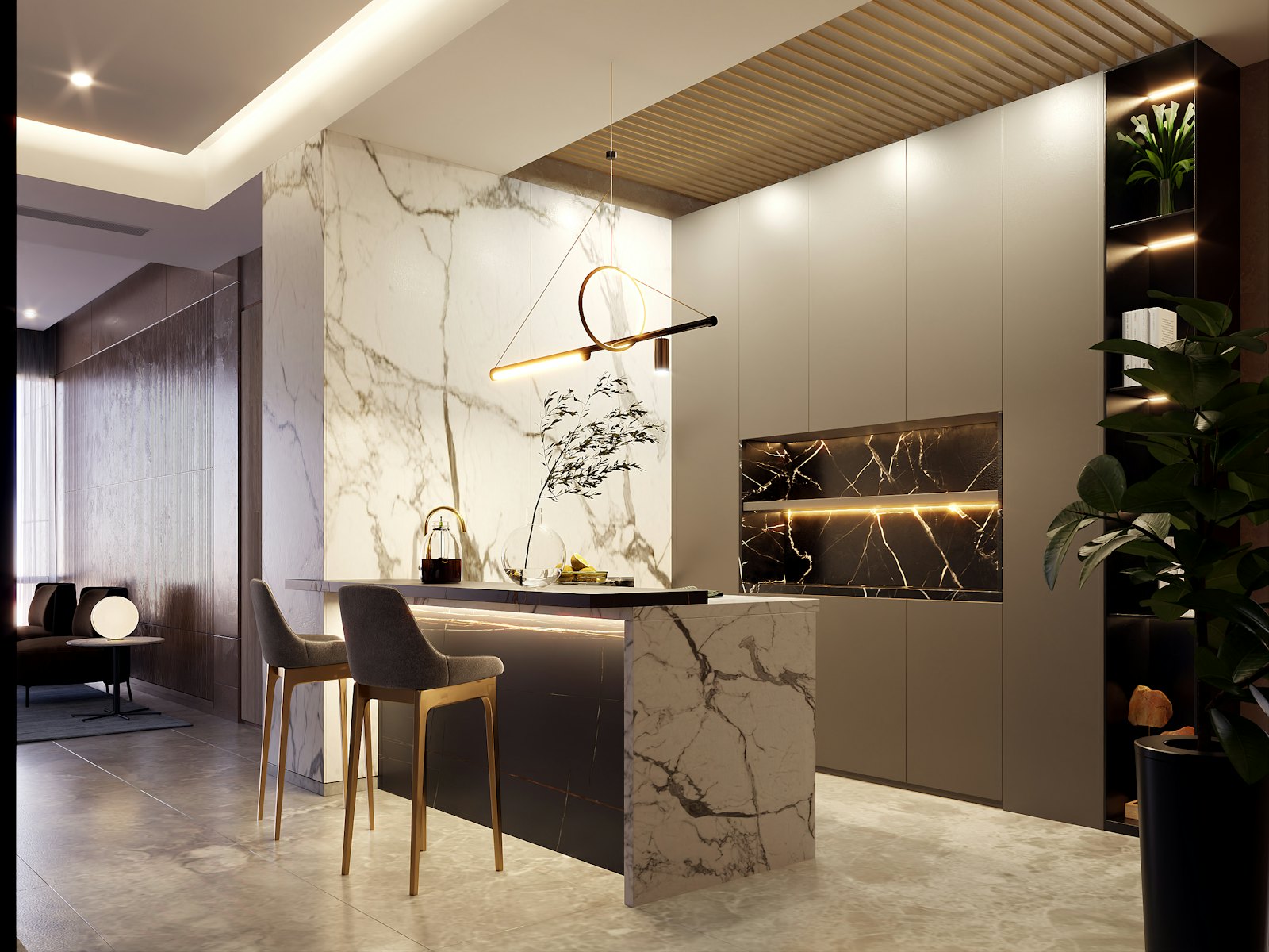 Cuisine contemporaine avec îlot central en chêne et plan de travail en pierre sombre