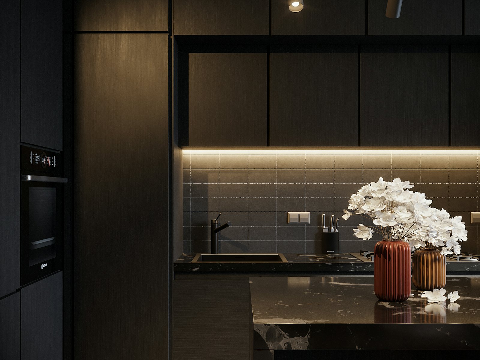 Cuisine moderne linéaire installée sur un seul mur